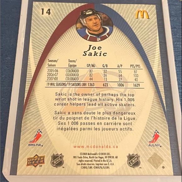 Upper Deck Joe Sakic Hockey Card - Picture 2 of 2